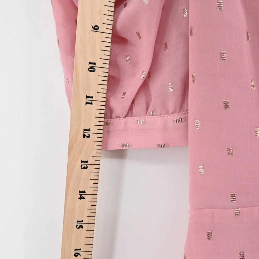 Express Metallic Clip Dot Dress Sz M Pink Gold Puff Sleeve Coquette Ballet Retro - Picture 12 of 12